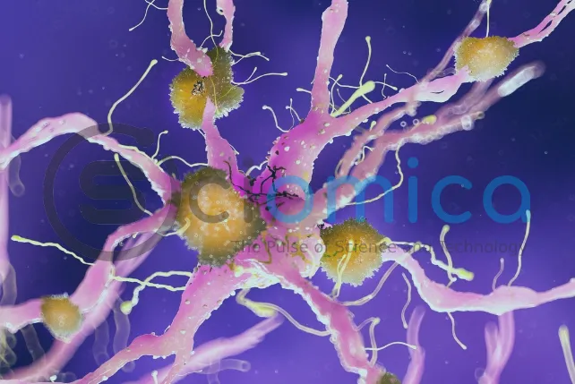 amyloidplaquesonneuron_r_u_642 Illustration of yellow clumps on pink nerve cells