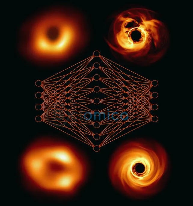An artist's impression of a neural network that connects simulated black holes (right) to real observations (left).