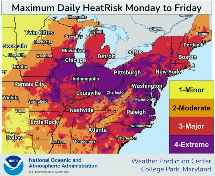 A map shows maximum daily temperatures for the week in the extreme heat category across Illinois, Indiana, Ohio, Pennsylvania, Maryland, Virginia and North Carolina, and high heat for much of the rest of the Midwest and Eastern U.S.