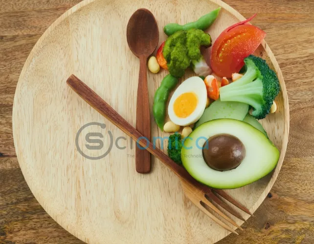 Food on a plate with cutlery arranged like a clock